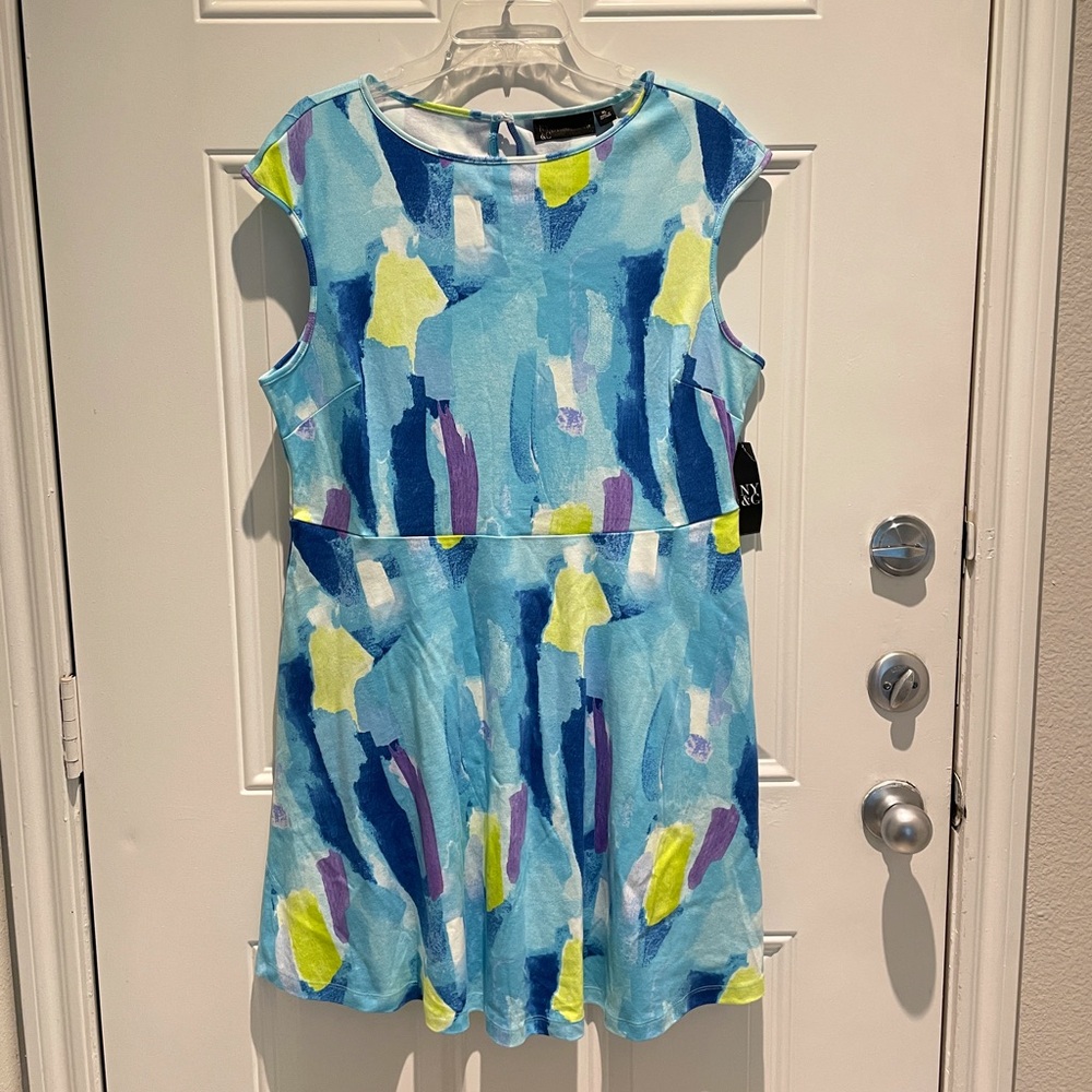 New York & Company A-Line Blue Yellow Casual Cotton Sleeveless Sun Dress Size XL